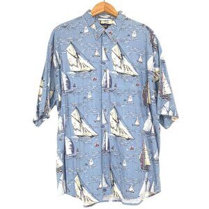 Keeler Bay Hawaiian Shirt Mens XL Nautical Print Sail Boats Button Front Vintage